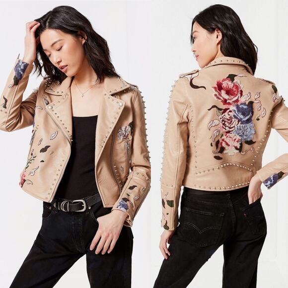 Blank NYC Studded Floral Embroidered Moto Jacket Tan - Picture 1 of 7